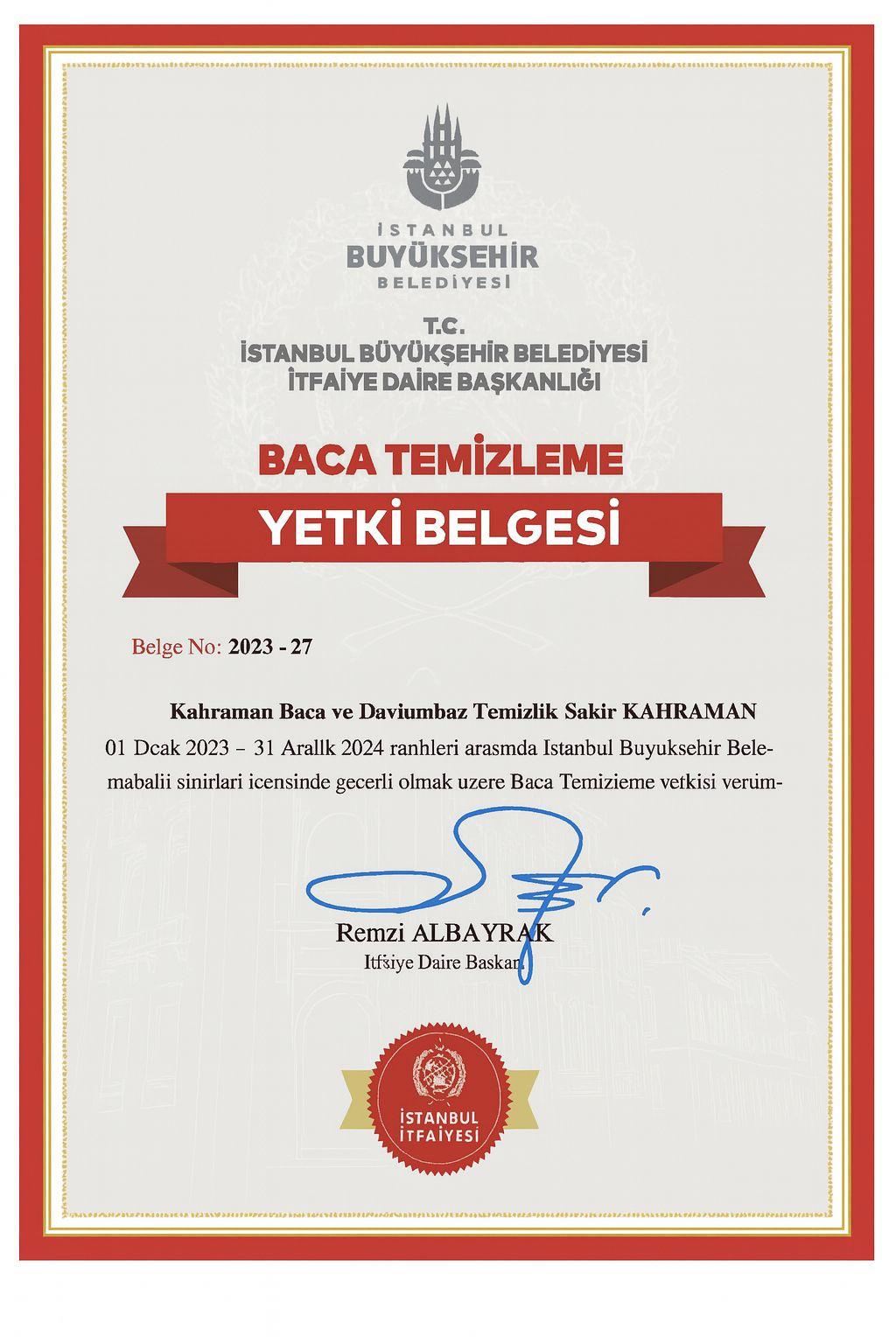 İBB İtfaiye baca temizleme yetki belgesi