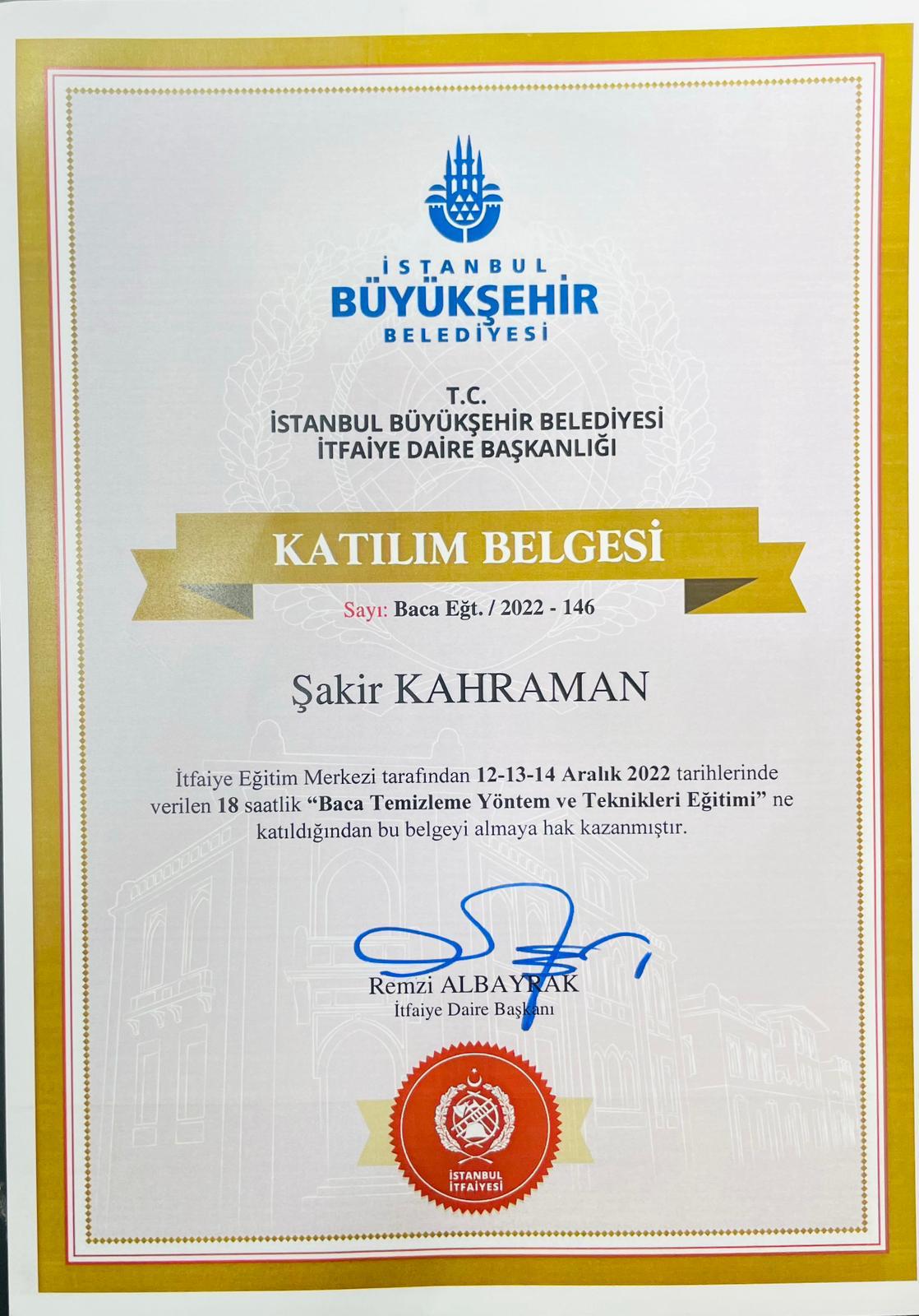 Şakir Kahraman – İBB İtfaiye baca temizleme eğitimi katılım belgesi
